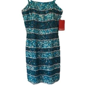 Shail K. Sequins Dress Teal Silver 100% Silk Size 6 NWT Cocktail Party Dress